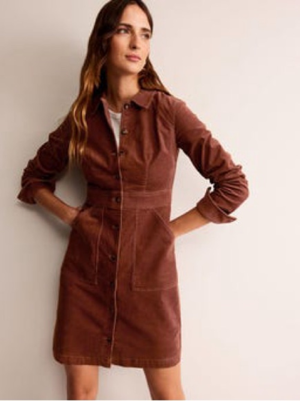 Boden Brown Button-Front Corduroy Shirt Dress